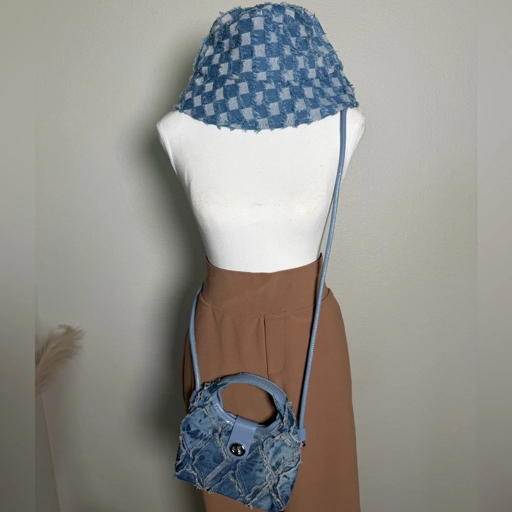 Y2K Accessories Bundle - Blue Denim Patchwork Mini Handbag & Bucket Hat - Picture 5 of 10